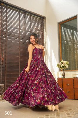DN 501 to 506 by Clora vol 5 Heavy reyon Beautiful long flared printed Gown catalogue at affordable rate  gown catalogs