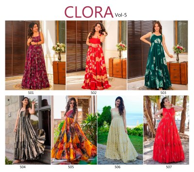 DN 501 to 506 by Clora vol 5 Heavy reyon Beautiful long flared printed Gown catalogue at affordable rate  gown catalogs