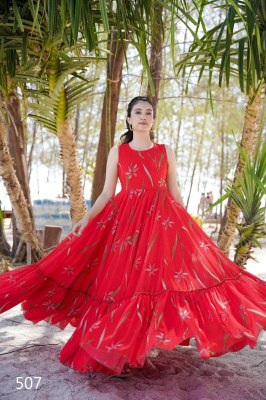 DN 501 to 506 by Clora vol 5 Heavy reyon Beautiful long flared printed Gown catalogue at affordable rate  gown catalogs