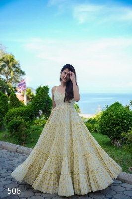 DN 501 to 506 by Clora vol 5 Heavy reyon Beautiful long flared printed Gown catalogue at affordable rate  gown catalogs