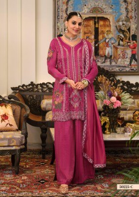DN-50225 Pure Viscose Simar Embroidery 3-Piece Palazzo Suit Set Fancy Palazzo suit catalogue
