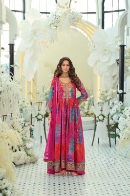 DN 9874 Chinon Digital Print 3-Piece Suit with Net Dupatta and Palazzo Size wise Combo Set