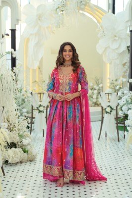 DN 9874 Chinon Digital Print 3-Piece Suit with Net Dupatta and Palazzo Size wise Combo Set
