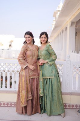 DN1229 Premium Designer 2026 Fendi Crush Embroidered Top Sharara Dupatta Set wholesale catalogs