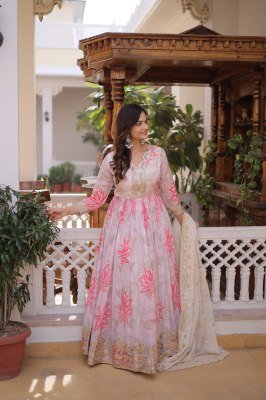 DN1243 Premium Readymade Gown with Dupatta Set in Digital Printed Russian Silk gowns