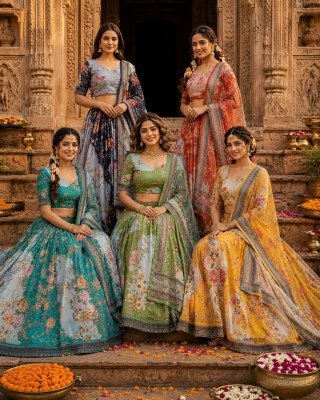DN5072 Lehenga Choli Collections 2026 Tabby Silk Digital Printed Embroidered Lehenga Choli Set Womens