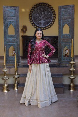 DN7163 Readymade YSL Silk Crop Top with Cosmos Lehenga Set Indo Western