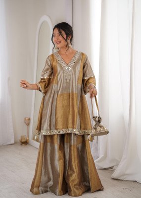 DN9330 Two-Tone Tissue Embroidered Top Bottom with Mirror Work Batwa Set fancy sharara suit Catalogs