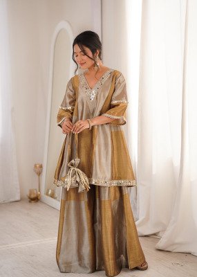 DN9330 Two-Tone Tissue Embroidered Top Bottom with Mirror Work Batwa Set fancy sharara suit Catalogs