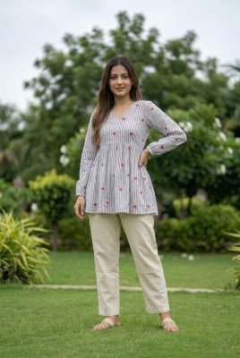 DN9337 Cotton Heart Embroidered Top with Linen Cotton Pant Set kurtis