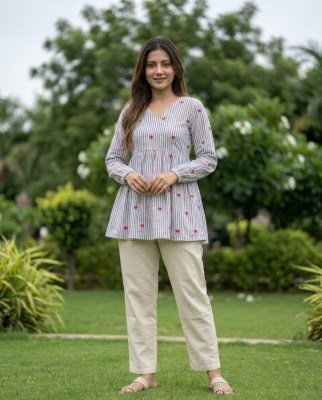 DN9337 Cotton Heart Embroidered Top with Linen Cotton Pant Set kurtis