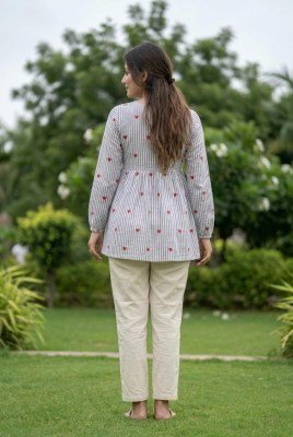 DN9337 Cotton Heart Embroidered Top with Linen Cotton Pant Set kurtis