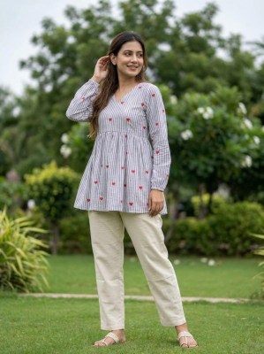 DN9337 Cotton Heart Embroidered Top with Linen Cotton Pant Set kurtis