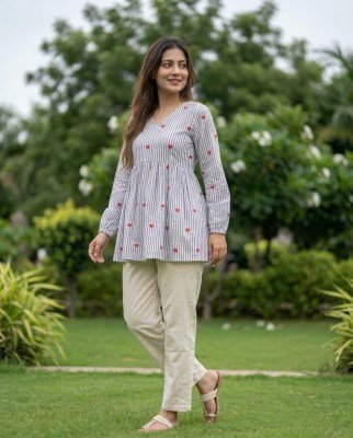 DN9337 Cotton Heart Embroidered Top with Linen Cotton Pant Set kurtis