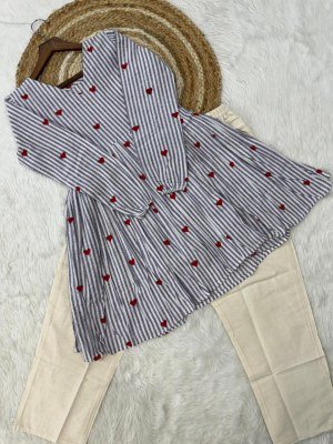 DN9337 Cotton Heart Embroidered Top with Linen Cotton Pant Set kurtis
