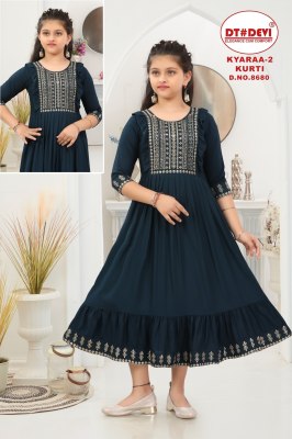 DNo 8680 by Kyaraa vol 2 reyon neck sequence work flared kurti collection  kurtis catalogs
