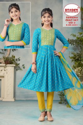 DNo 8693 by Parnika vol 2 fancy reyon printed flared kurti pant and dupatta catalogue readymade suit catalogs