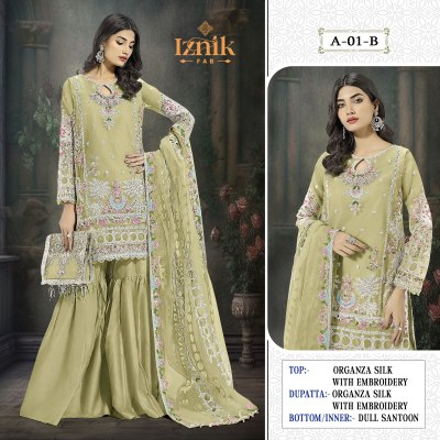 DNo A 01 by Iznik fab organza embroidered fancy sharara suit catalogue at affordable rate fancy sharara suit Catalogs