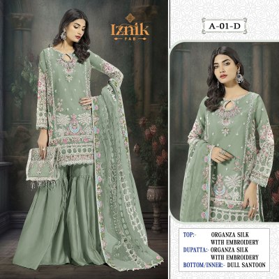 DNo A 01 by Iznik fab organza embroidered fancy sharara suit catalogue at affordable rate fancy sharara suit Catalogs