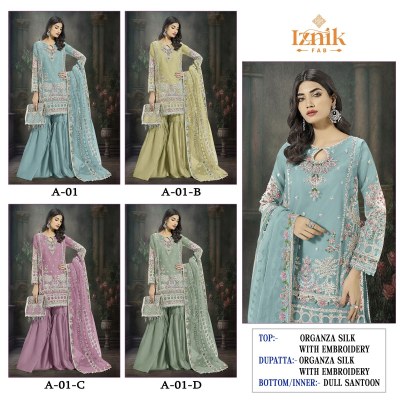 DNo A 01 by Iznik fab organza embroidered fancy sharara suit catalogue at affordable rate fancy sharara suit Catalogs
