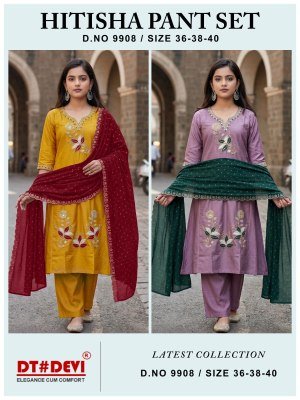 DT Devi Hitisha Pant Set D.No. 9908 Silk Kurti Pant with Contrast Vichitra Silk Dupatta 