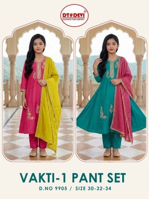 DT Devi Vakti-1 Pant Set D.No. 9905 Silk Kurti Pant with Contrast Vichitra Silk Dupatta 