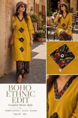 Daboo Cotton 2 Piece Printed Kurti Plazo Set with Applique Mirror Work readymade suit catalogs