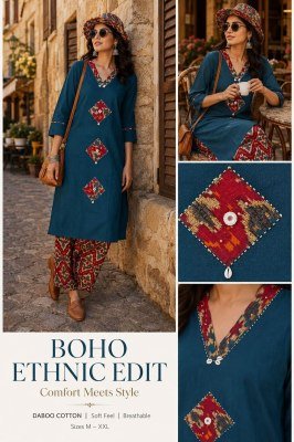 Daboo Cotton 2 Piece Printed Kurti Plazo Set with Applique Mirror Work readymade suit catalogs