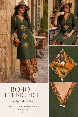 Daboo Cotton 2 Piece Printed Kurti Plazo Set with Applique Mirror Work readymade suit catalogs