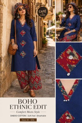 Daboo Cotton 2 Piece Printed Kurti Plazo Set with Applique Mirror Work readymade suit catalogs