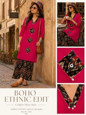 Daboo Cotton 2 Piece Printed Kurti Plazo Set with Applique Mirror Work readymade suit catalogs