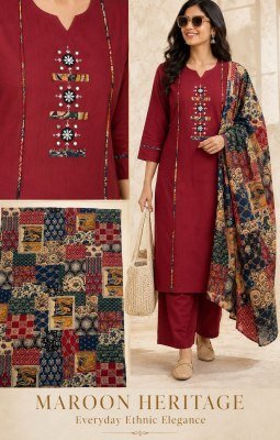 Daboo Cotton Mirror Work Kurti Pant with Cotton Dupatta Set 