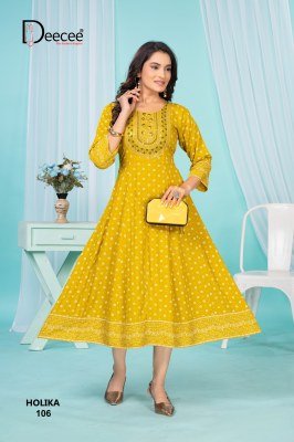 Dee Cee Holika Designer Heavy Rayon Kurti with Kali Pattern  Gold Screen Print And Sequence Work Wholesale kurtis catalogs