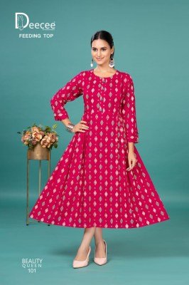 DeeCee Beauty Queen Rayon Printed Flared Feeding Kurti with Pleated Sides And Button Patti And Lupi Bottom Wholesale kurtis catalogs