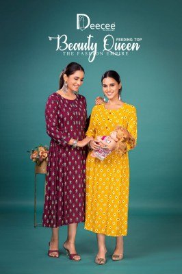 DeeCee Beauty Queen Rayon Printed Flared Feeding Kurti with Pleated Sides And Button Patti And Lupi Bottom Wholesale kurtis catalogs