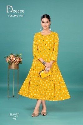 DeeCee Beauty Queen Rayon Printed Flared Feeding Kurti with Pleated Sides And Button Patti And Lupi Bottom Wholesale kurtis catalogs