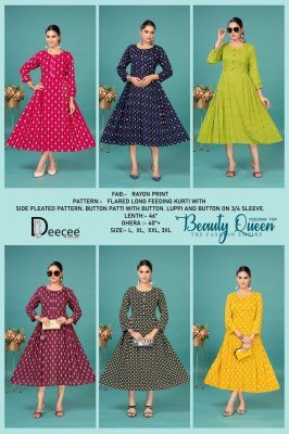 DeeCee Beauty Queen Rayon Printed Flared Feeding Kurti with Pleated Sides And Button Patti And Lupi Bottom Wholesale kurtis catalogs
