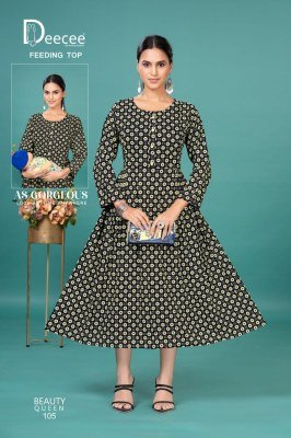 DeeCee Beauty Queen Rayon Printed Flared Feeding Kurti with Pleated Sides And Button Patti And Lupi Bottom Wholesale kurtis catalogs