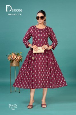 DeeCee Beauty Queen Rayon Printed Flared Feeding Kurti with Pleated Sides And Button Patti And Lupi Bottom Wholesale kurtis catalogs