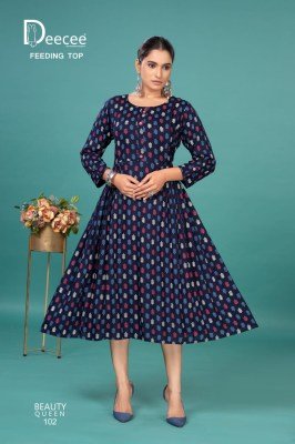 DeeCee Beauty Queen Rayon Printed Flared Feeding Kurti with Pleated Sides And Button Patti And Lupi Bottom Wholesale kurtis catalogs
