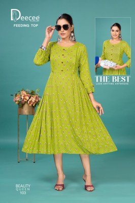 DeeCee Beauty Queen Rayon Printed Flared Feeding Kurti with Pleated Sides And Button Patti And Lupi Bottom Wholesale kurtis catalogs