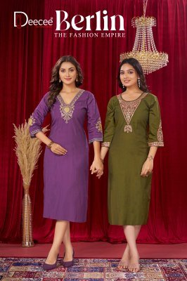 DeeCee Berlin Vatican Paleion Fabric Flared Long State Pattern Kurti with Attached Inner Premium Computer Embroidered Yoke Design Wholesale kurtis catalogs