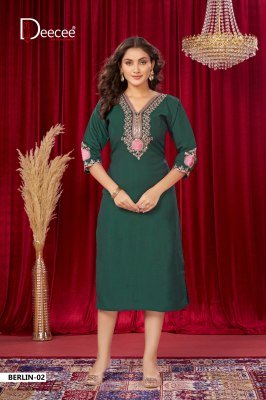 DeeCee Berlin Vatican Paleion Fabric Flared Long State Pattern Kurti with Attached Inner Premium Computer Embroidered Yoke Design Wholesale kurtis catalogs