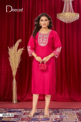 DeeCee Berlin Vatican Paleion Fabric Flared Long State Pattern Kurti with Attached Inner Premium Computer Embroidered Yoke Design Wholesale kurtis catalogs