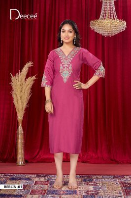 DeeCee Berlin Vatican Paleion Fabric Flared Long State Pattern Kurti with Attached Inner Premium Computer Embroidered Yoke Design Wholesale kurtis catalogs