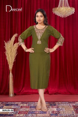 DeeCee Berlin Vatican Paleion Fabric Flared Long State Pattern Kurti with Attached Inner Premium Computer Embroidered Yoke Design Wholesale kurtis catalogs