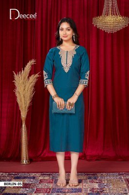 DeeCee Berlin Vatican Paleion Fabric Flared Long State Pattern Kurti with Attached Inner Premium Computer Embroidered Yoke Design Wholesale kurtis catalogs