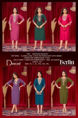 DeeCee Berlin Vatican Paleion Fabric Flared Long State Pattern Kurti with Attached Inner Premium Computer Embroidered Yoke Design Wholesale kurtis catalogs