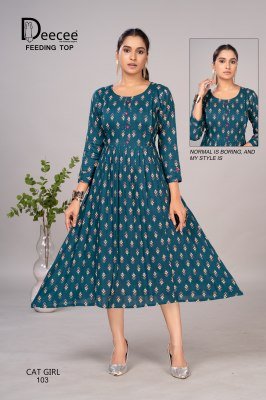 DeeCee Cat Girl Printed Rayon Flared Long Maternity Kurti Center Pleat, Button Patti And Lupi Wholesale kurtis catalogs