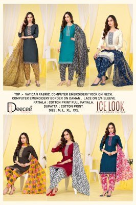 DeeCee Ice Look Vatican Fabric Patiala Suit Set Computer Embroidered Neck Cotton Patiyala And Border  Cotton Printed Dupatta Wholesale kurtis catalogs